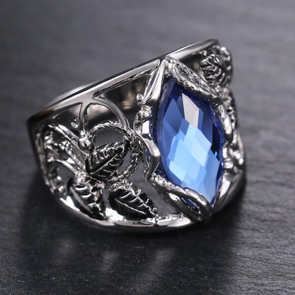 Double Layer Blue Marquis Carved Zircon Vintage Rings for Women, PD011 - Picture 2 of 9